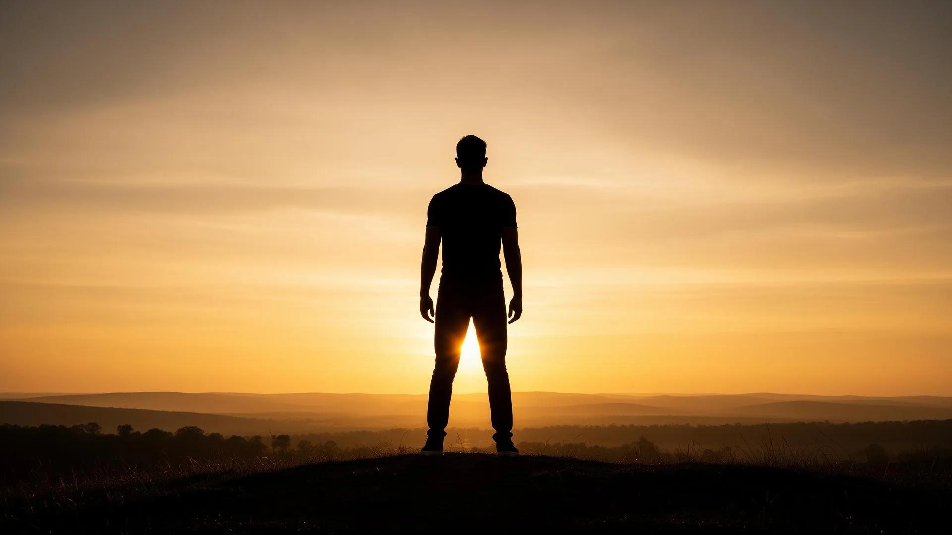 Man standing tall at sunrise, free from pain
